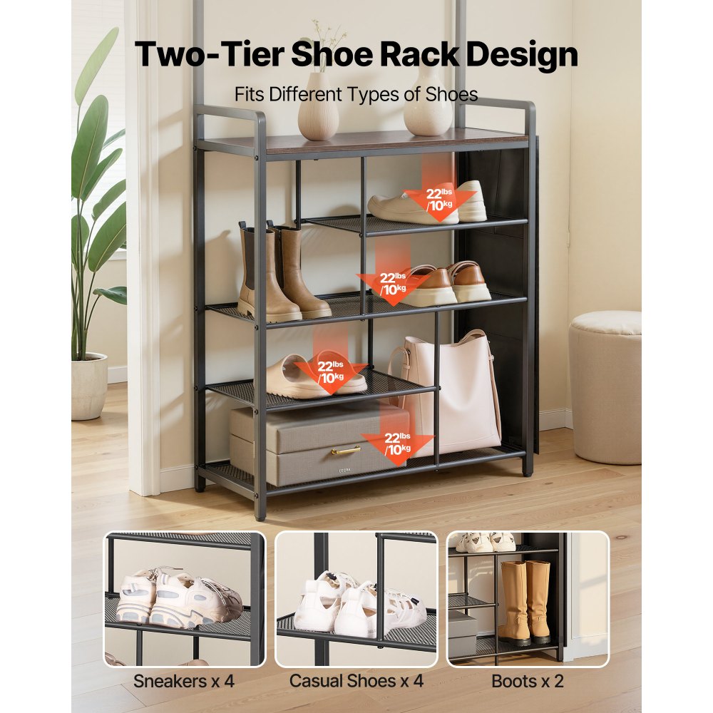 VEVOR Hall Tree, 70.9 in Coat Rack with Shoe Storage, Freestanding 4-Tier Shoe Rack Organizer with Hooks, Side Pocket and Wire Shelf, Steel Frame Entrance Coat Holder for Entryway, Bedroom, Closet