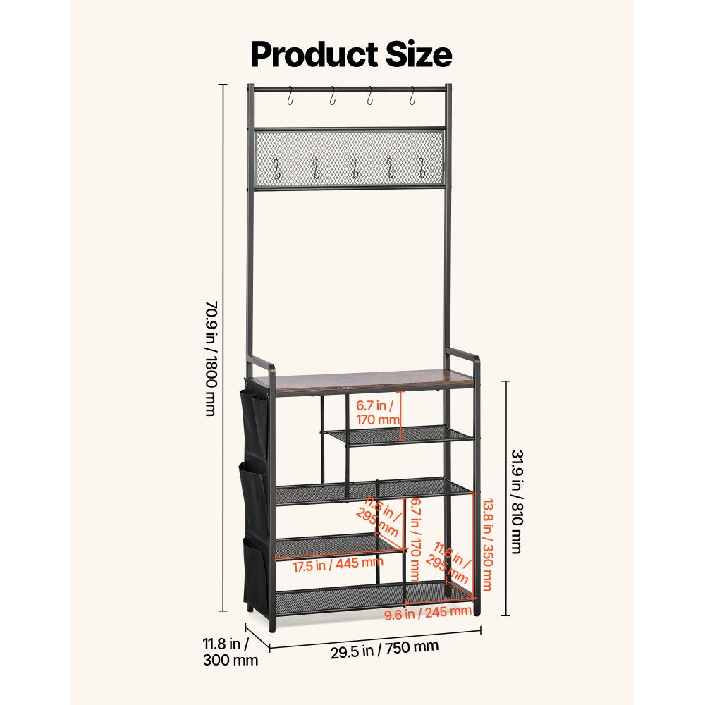VEVOR Hall Tree, 70.9 in Coat Rack with Shoe Storage, Freestanding 4-Tier Shoe Rack Organizer with Hooks, Side Pocket and Wire Shelf, Steel Frame Entrance Coat Holder for Entryway, Bedroom, Closet