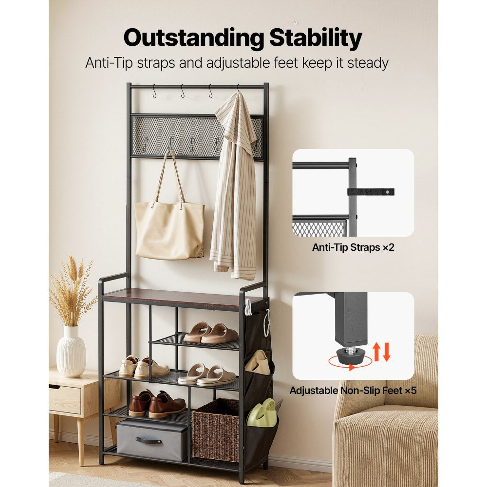 VEVOR Hall Tree, 70.9 in Coat Rack with Shoe Storage, Freestanding 4-Tier Shoe Rack Organizer with Hooks, Side Pocket and Wire Shelf, Steel Frame Entrance Coat Holder for Entryway, Bedroom, Closet