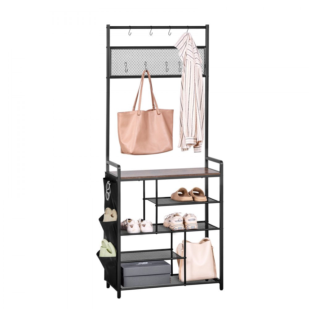 VEVOR Hall Tree, 70.9 in Coat Rack with Shoe Storage, Freestanding 4-Tier Shoe Rack Organizer with Hooks, Side Pocket and Wire Shelf, Steel Frame Entrance Coat Holder for Entryway, Bedroom, Closet