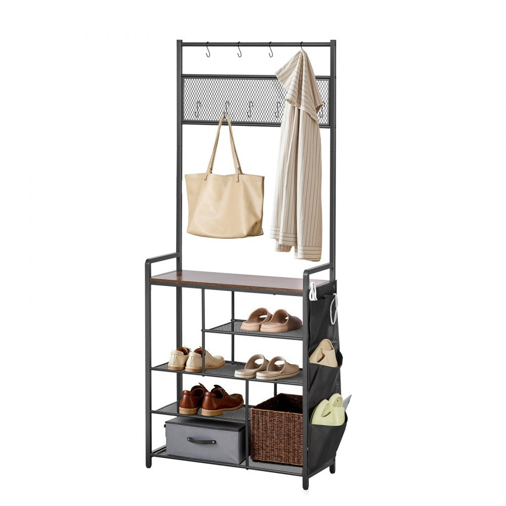 VEVOR Hall Tree, 70.9 in Coat Rack with Shoe Storage, Freestanding 4-Tier Shoe Rack Organizer with Hooks, Side Pocket and Wire Shelf, Steel Frame Entrance Coat Holder for Entryway, Bedroom, Closet