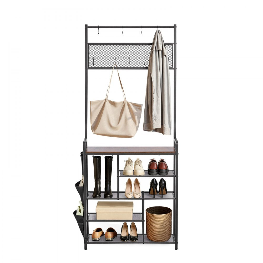 VEVOR Hall Tree, 70.9 in Coat Rack with Shoe Storage, Freestanding 4-Tier Shoe Rack Organizer with Hooks, Side Pocket and Wire Shelf, Steel Frame Entrance Coat Holder for Entryway, Bedroom, Closet