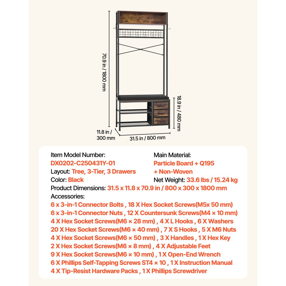 VEVOR Hall Tree, 70.9 in Coat Rack with Shoe Bench & 3 Drawers, 3-in-1 Freestanding Shoe Rack Storage Organizer with Bookshelf & Wire Shelf, Steel Frame Entrance Coat Holder for Entry, Bedroom, Closet