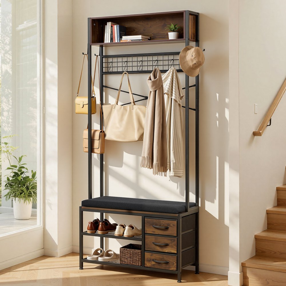 VEVOR Hall Tree, 70.9 in Coat Rack with Shoe Bench & 3 Drawers, 3-in-1 Freestanding Shoe Rack Storage Organizer with Bookshelf & Wire Shelf, Steel Frame Entrance Coat Holder for Entry, Bedroom, Closet