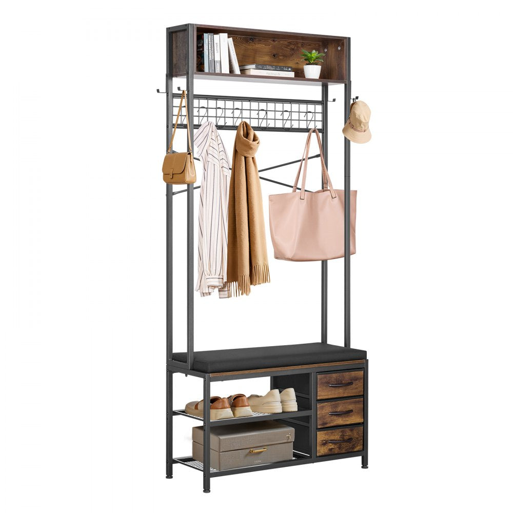 VEVOR Hall Tree, 70.9 in Coat Rack with Shoe Bench & 3 Drawers, 3-in-1 Freestanding Shoe Rack Storage Organizer with Bookshelf & Wire Shelf, Steel Frame Entrance Coat Holder for Entry, Bedroom, Closet