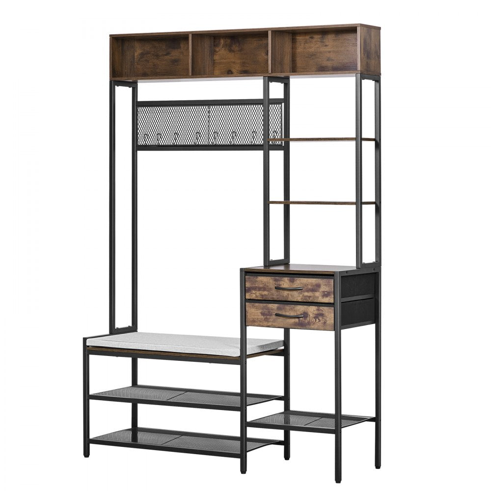 VEVOR Hall Tree, 70.9 in Coat Rack with Shoe Bench & 2 Drawers, 3-in-1 Freestanding Shoe Rack Storage Organizer with Bookshelf & Wire Shelf, Steel Frame Entrance Coat Holder for Entry, Bedroom, Closet