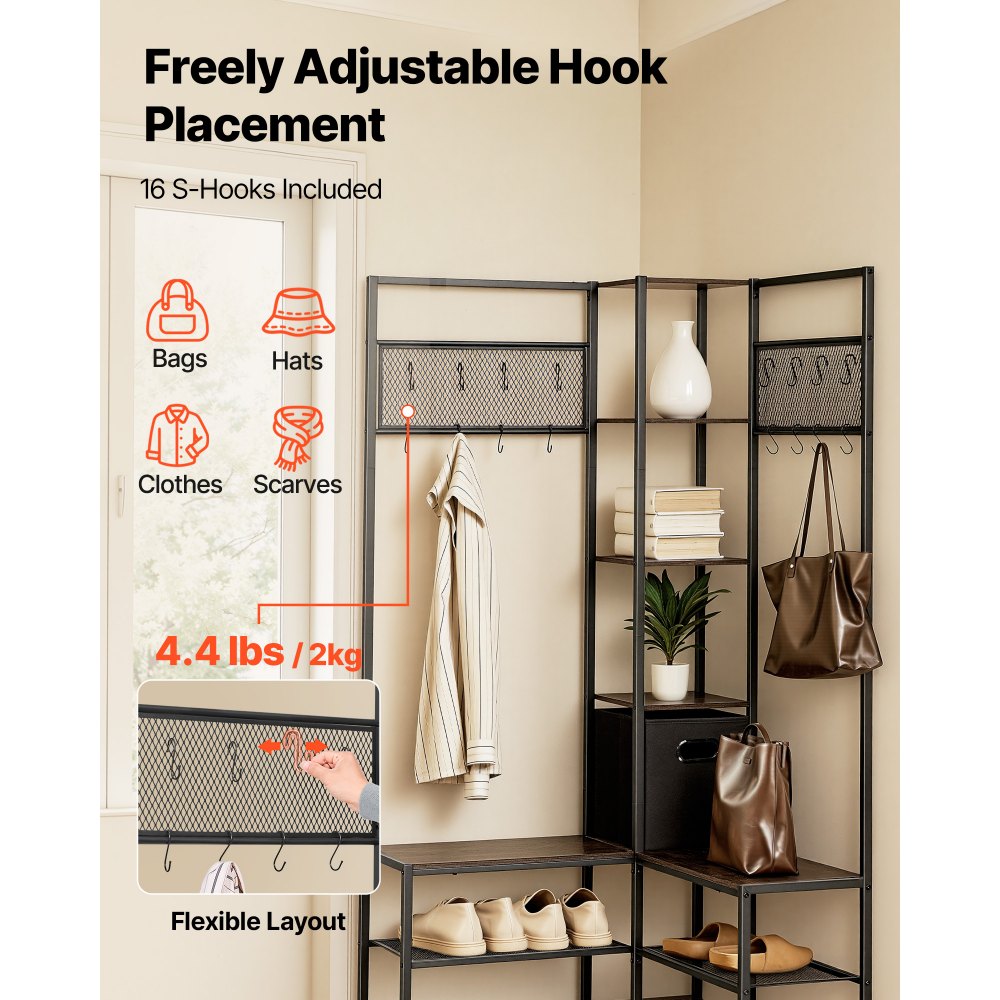 VEVOR Corner Hall Tree with Shoe Bench, 70.9 in Coat Rack with Hooks and Steel Frame, Freestanding Clothes Shoes Rack Storage Organizer with Anti-Tip Set, for Entrance, Closet, Office, Rustic Brown