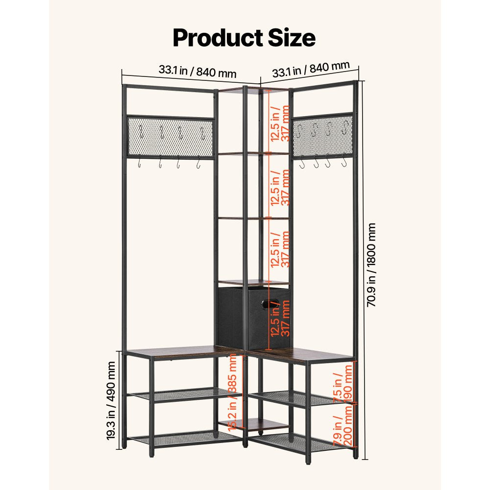 VEVOR Corner Hall Tree with Shoe Bench, 70.9 in Coat Rack with Hooks and Steel Frame, Freestanding Clothes Shoes Rack Storage Organizer with Anti-Tip Set, for Entrance, Closet, Office, Rustic Brown