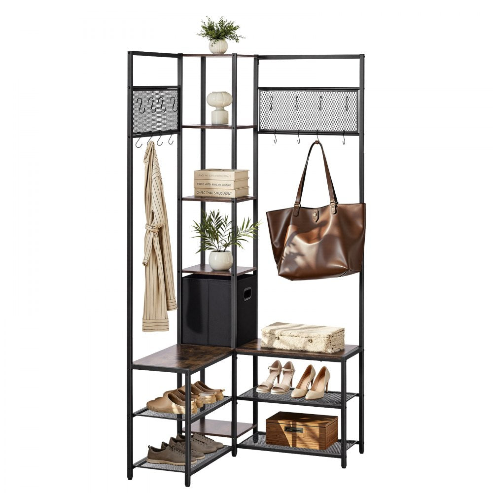 VEVOR Corner Hall Tree with Shoe Bench, 70.9 in Coat Rack with Hooks and Steel Frame, Freestanding Clothes Shoes Rack Storage Organizer with Anti-Tip Set, for Entrance, Closet, Office, Rustic Brown