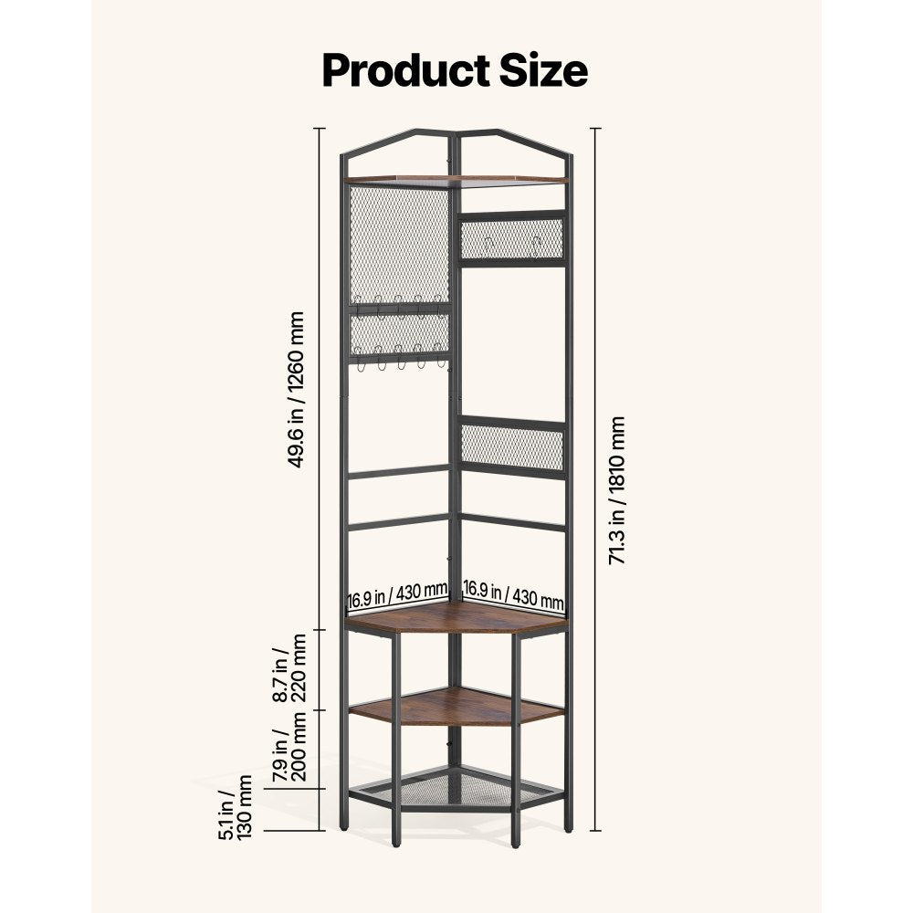 VEVOR Corner Hall Tree, 71.3 in Coat Rack with Hooks, Top Shelf & Steel Frame, Freestanding Clothes Shoes Rack Storage Organizer with Anti-Tip Set, Adjustable Non-Slip Feet for Entrance Closet Office