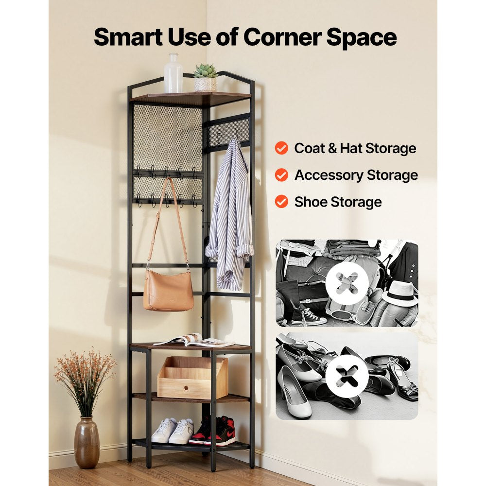 VEVOR Corner Hall Tree, 71.3 in Coat Rack with Hooks, Top Shelf & Steel Frame, Freestanding Clothes Shoes Rack Storage Organizer with Anti-Tip Set, Adjustable Non-Slip Feet for Entrance Closet Office