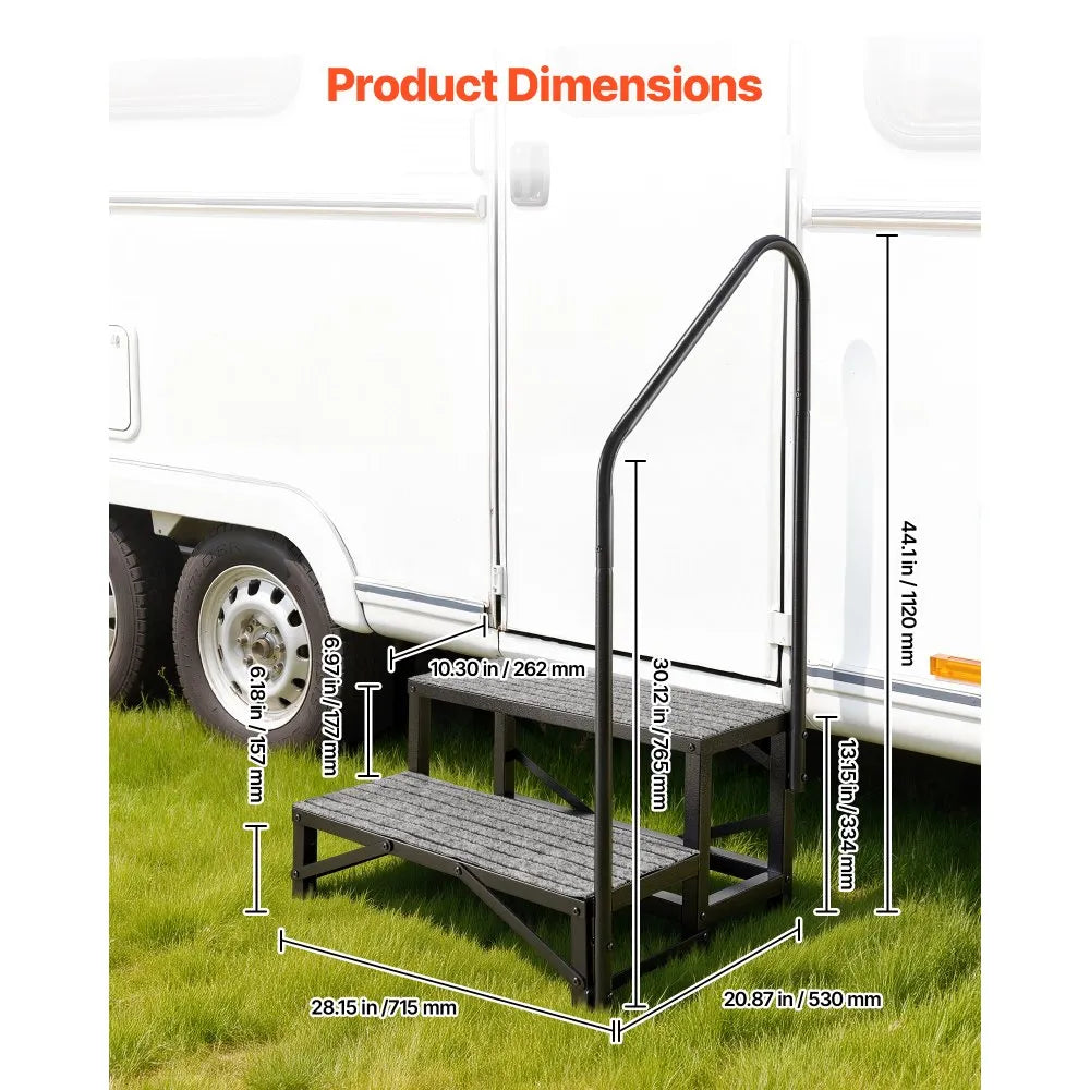 VEVOR RV Steps with Handrail, 2 Steps, 660 lbs Load Capacity, Heavy Duty Outdoor RV Stairs with Non-Slip Mat for Elderly and Pets, Portable Stairs for Hot Tub, Camper, Mobile Home, Porch, Pool, SPA
