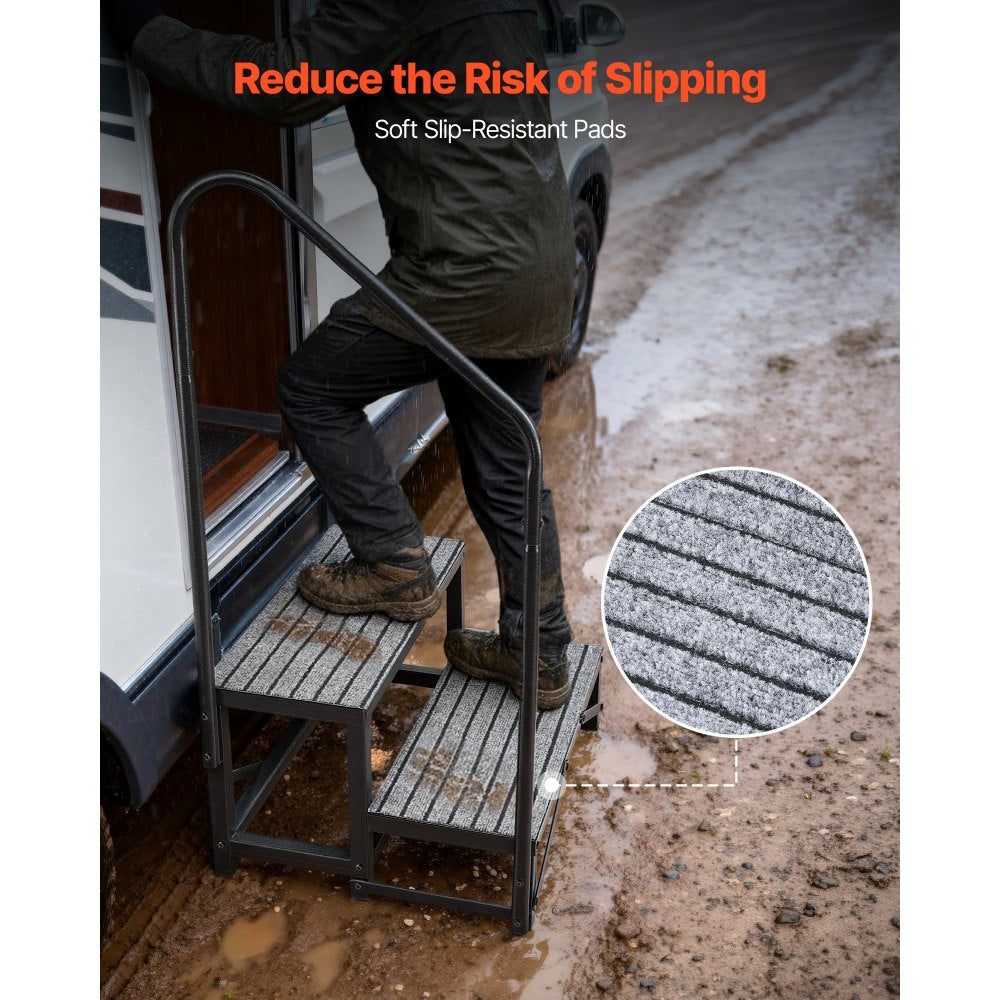 VEVOR RV Steps with Handrail, 2 Steps, 660 lbs Load Capacity, Heavy Duty Outdoor RV Stairs with Non-Slip Mat for Elderly and Pets, Portable Stairs for Hot Tub, Camper, Mobile Home, Porch, Pool, SPA