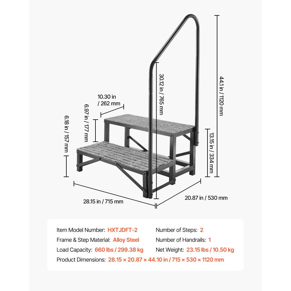 VEVOR RV Steps with Handrail, 2 Steps, 660 lbs Load Capacity, Heavy Duty Outdoor RV Stairs with Non-Slip Mat for Elderly and Pets, Portable Stairs for Hot Tub, Camper, Mobile Home, Porch, Pool, SPA