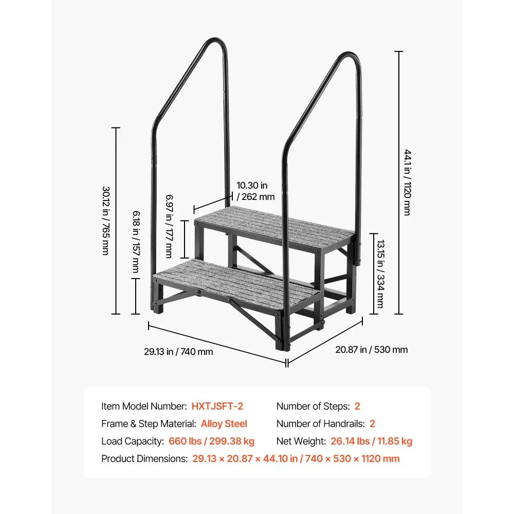 VEVOR RV Steps with Dual Handrails, 2 Steps, 660 lbs Load Capacity, Heavy Duty Outdoor RV Stairs with Non-Slip Mat for Elderly/Pets, Portable Stairs for Hot Tub, Camper, Mobile Home, Porch, Pool, SPA