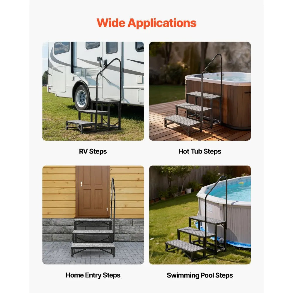 VEVOR RV Steps with Handrail, 3 Steps, 660 lbs Load Capacity, Heavy Duty Outdoor RV Stairs with Non-Slip Mat for Elderly and Pets, Portable Stairs for Hot Tub, Camper, Mobile Home, Porch, Pool, SPA