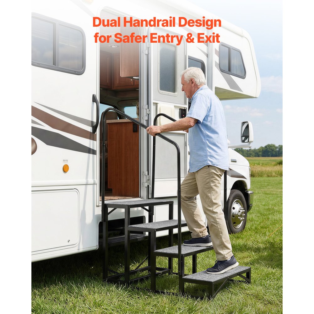 VEVOR RV Steps with Dual Handrails, 4 Steps, 660 lbs Load Capacity, Heavy Duty Outdoor RV Stairs with Non-Slip Mat for Elderly/Pets, Portable Stairs for Hot Tub, Camper, Mobile Home, Porch, Pool, SPA