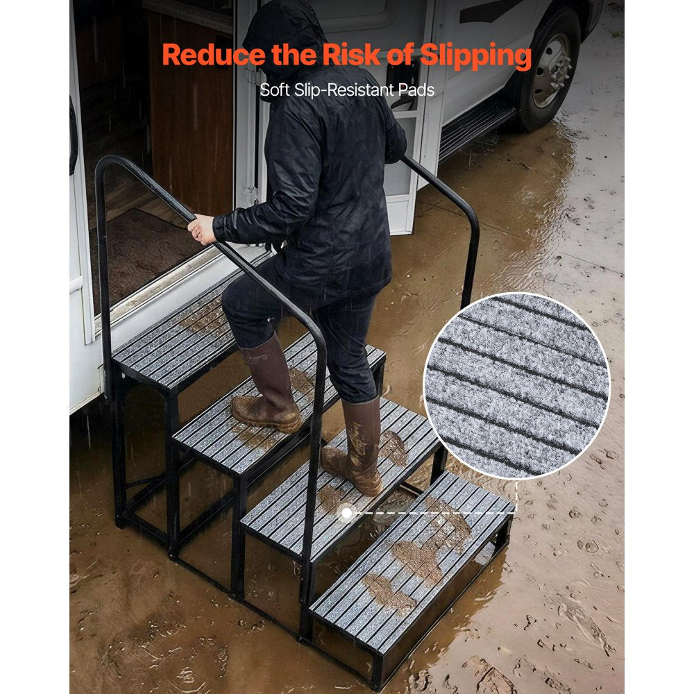 VEVOR RV Steps with Dual Handrails, 4 Steps, 660 lbs Load Capacity, Heavy Duty Outdoor RV Stairs with Non-Slip Mat for Elderly/Pets, Portable Stairs for Hot Tub, Camper, Mobile Home, Porch, Pool, SPA