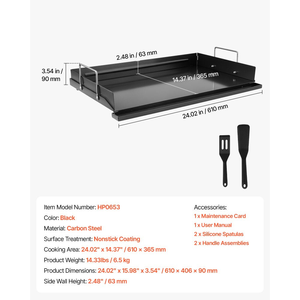 VEVOR Carbon Steel Griddle 24x16 inch Flat Top Pre-Seasoned Plate Handle, for BBQ Eggs Burger, Even Heat Distribution, Non-Stick Portable Rectangular Family Cookware for Outdoor Gas Grill/Stove, Oven