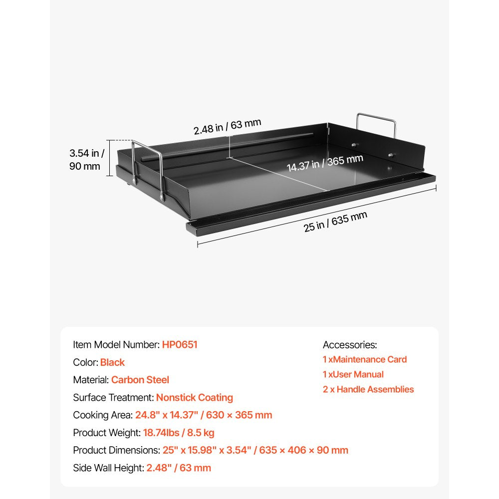 VEVOR Carbon Steel Griddle 25x16 inch Flat Top Pre-Seasoned Plate Handle, for BBQ Eggs Burger, Even Heat Distribution, Non-Stick Portable Rectangular Family Cookware for Outdoor Gas Grill/Stove, Oven