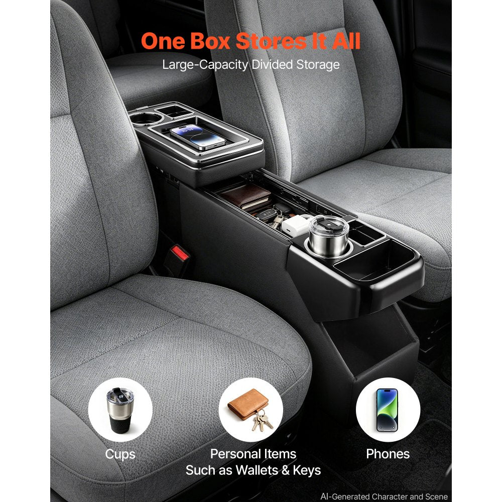 VEVOR Center Console Between Seat Floor Mount Console Storage Box, Central-Console Tools Organizer with Sliding Lid, Cups Holders & Multiple Storage Compartments for Trucks, Minivans, SUVs