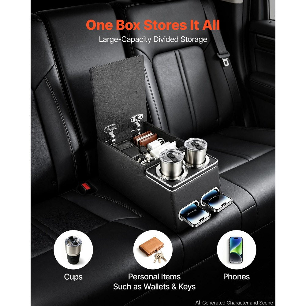 VEVOR Universal Rear Bench Seat Center Console Armrest Storage Box, Back Seat Tools Organizer with Cup & Phone Holders, Automotive Central Console for MPV, Sedan, SUV