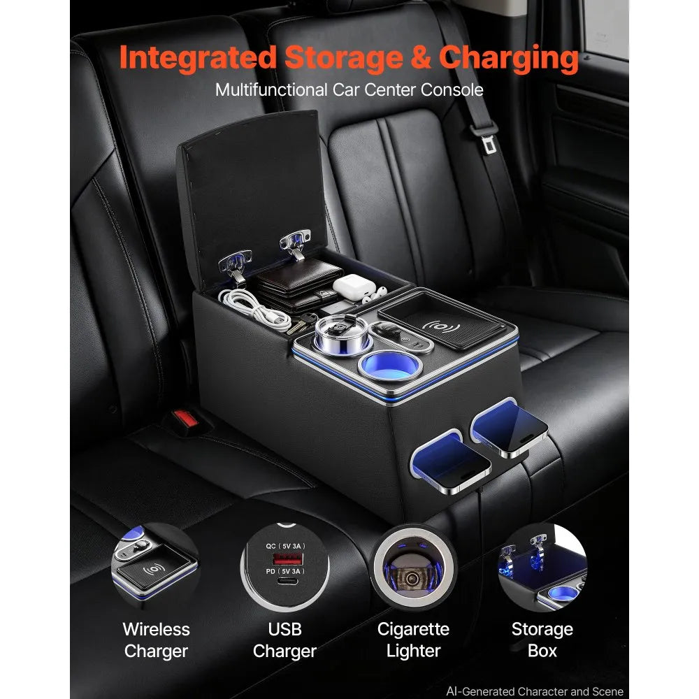 VEVOR Universal Rear Bench Seat Center Console with 7-Color Ambient Lights, Wireless/USB/Cigarette Lighter Charging, Back Seat Central Console Organizer with Cup & Phone Holders for MPV, Sedan, SUV