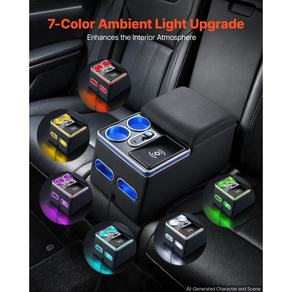 VEVOR Universal Rear Bench Seat Center Console with 7-Color Ambient Lights, Wireless/USB/Cigarette Lighter Charging, Back Seat Central Console Organizer with Cup & Phone Holders for MPV, Sedan, SUV