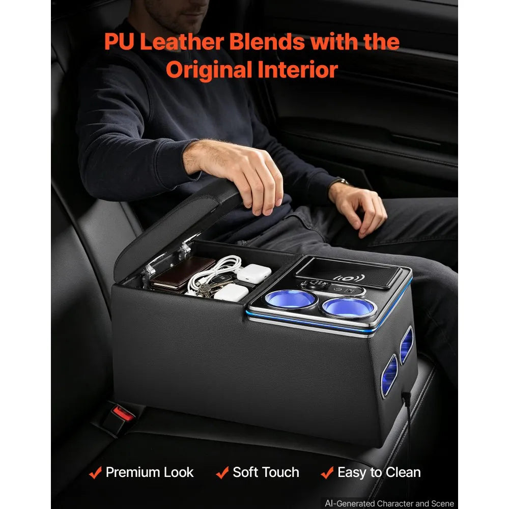 VEVOR Universal Rear Bench Seat Center Console with 7-Color Ambient Lights, Wireless/USB/Cigarette Lighter Charging, Back Seat Central Console Organizer with Cup & Phone Holders for MPV, Sedan, SUV