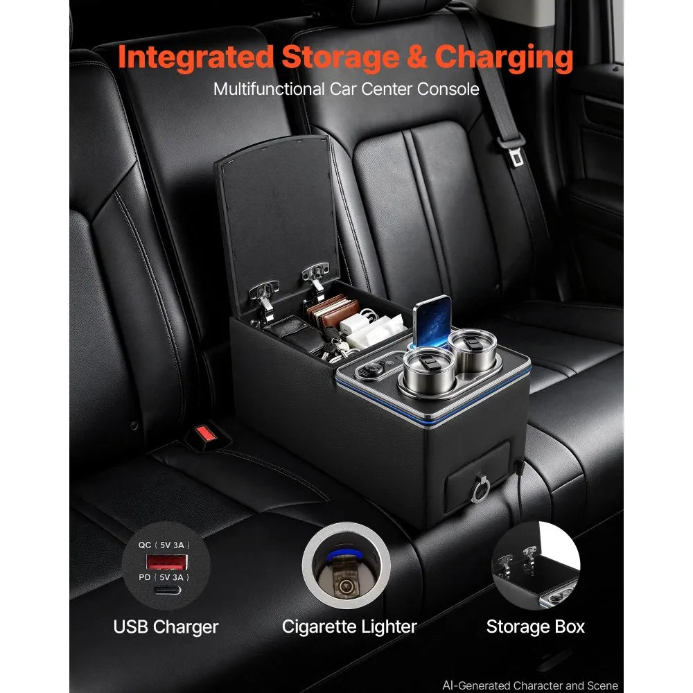 VEVOR Universal Rear Bench Seat Center Console with 7-Color Ambient Lights, USB/Type-C/Cigarette Lighter Charging, Back Seat Central Console Organizer with Cup & Phone Holders for MPV, Sedan, SUV