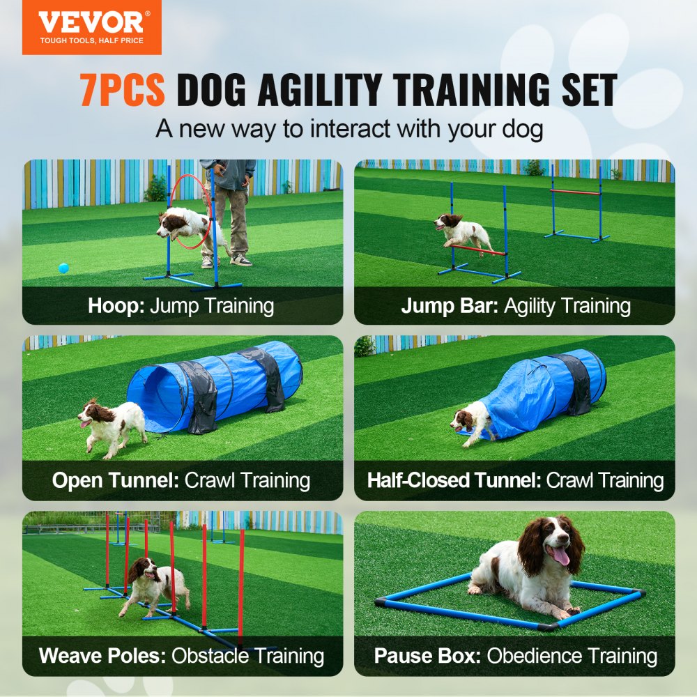 VEVOR Dog Agility Training Equipment, 7 PCS Set w/ Adjustable High Hurdles,6 Weave Poles,2 Tunnels,Jump Ring,Pause Box,Whistle,Foldable Bowl,Puppy Obstacle Course Kit w/ 3 Bags