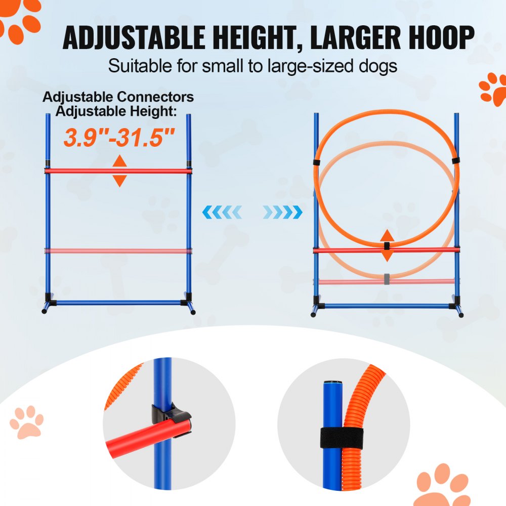 VEVOR Dog Agility Training Equipment, 4 PCS Set with Adjustable High Hurdles,6 Weave Poles,Jump Ring,Square Pause Box,Whistle,Foldable Bowl, Puppy Obstacle Course Kit for Backyard, Indoor, Outdoor