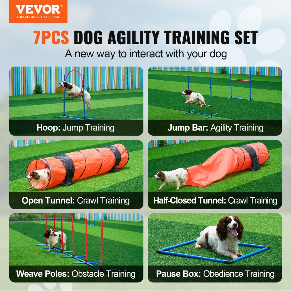 VEVOR Dog Agility Training Equipment, 7 PCS Set Upgrade w/ Adjustable High Hurdles,6 Weave Poles,2 Tunnels,Jump Ring,Pause Box,Whistle,Foldable Bowl,Puppy Obstacle Course Kit w/ 3 Bags