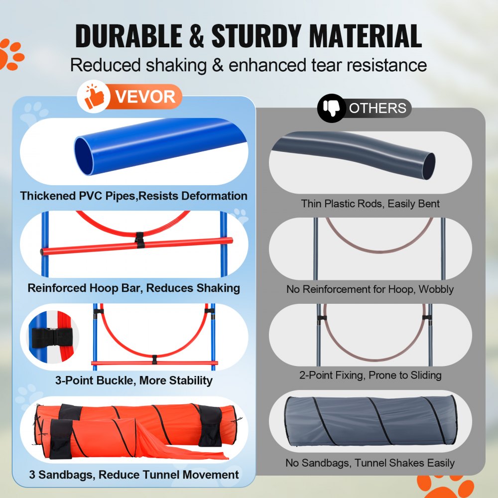 VEVOR Dog Agility Training Equipment, 7 PCS Set Upgrade w/ Adjustable High Hurdles,6 Weave Poles,2 Tunnels,Jump Ring,Pause Box,Whistle,Foldable Bowl,Puppy Obstacle Course Kit w/ 3 Bags