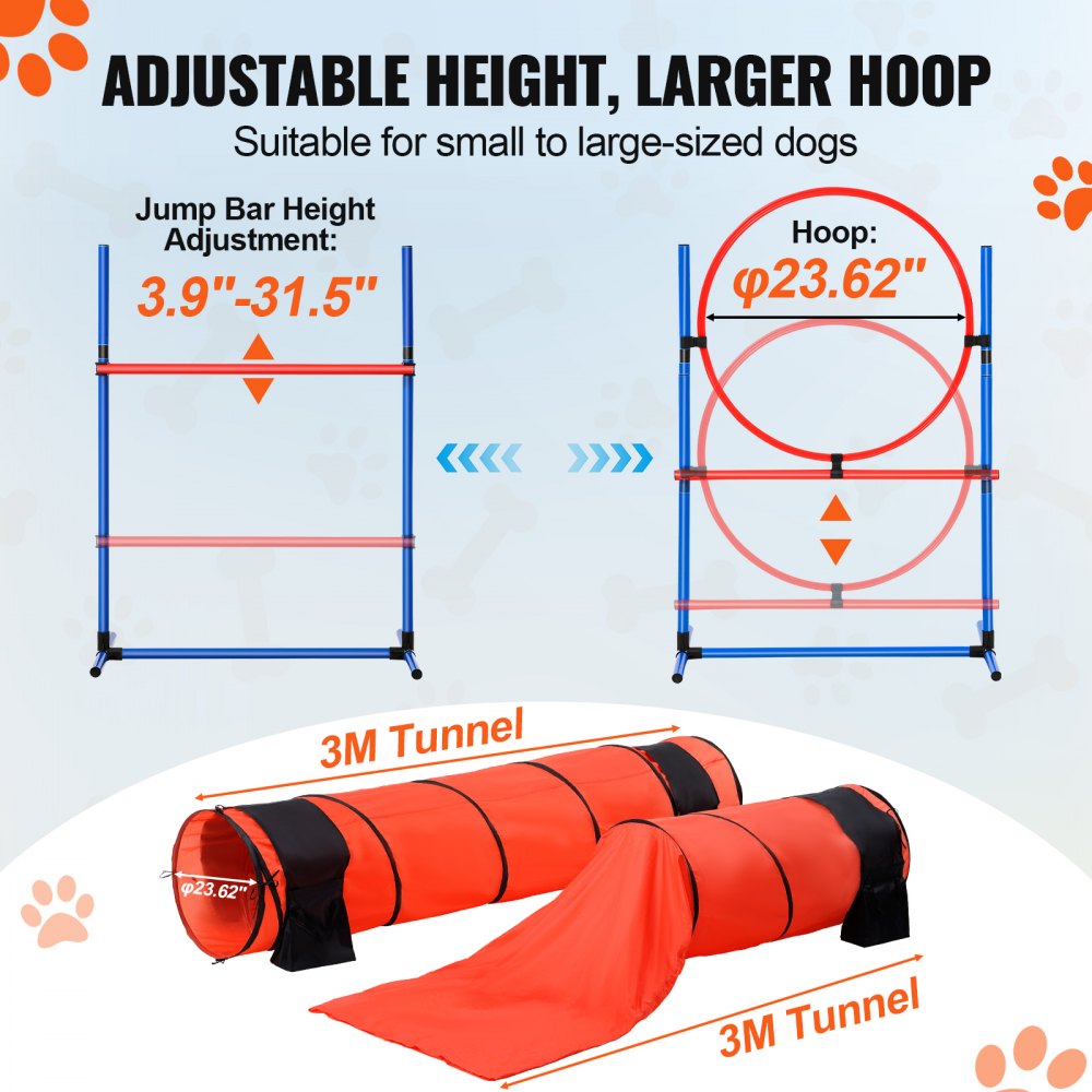 VEVOR Dog Agility Training Equipment, 7 PCS Set Upgrade w/ Adjustable High Hurdles,6 Weave Poles,2 Tunnels,Jump Ring,Pause Box,Whistle,Foldable Bowl,Puppy Obstacle Course Kit w/ 3 Bags