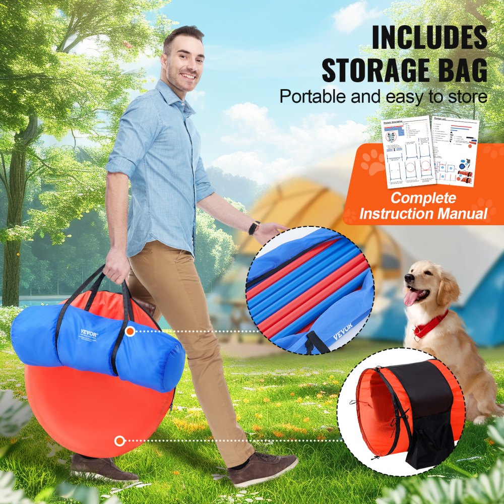 VEVOR Dog Agility Training Equipment, 7 PCS Set Upgrade w/ Adjustable High Hurdles,6 Weave Poles,2 Tunnels,Jump Ring,Pause Box,Whistle,Foldable Bowl,Puppy Obstacle Course Kit w/ 3 Bags