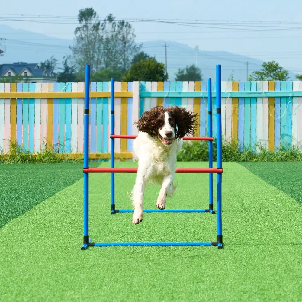 VEVOR Dog Agility Training Equipment, 7 PCS Set Upgrade w/ Adjustable High Hurdles,6 Weave Poles,2 Tunnels,Jump Ring,Pause Box,Whistle,Foldable Bowl,Puppy Obstacle Course Kit w/ 3 Bags