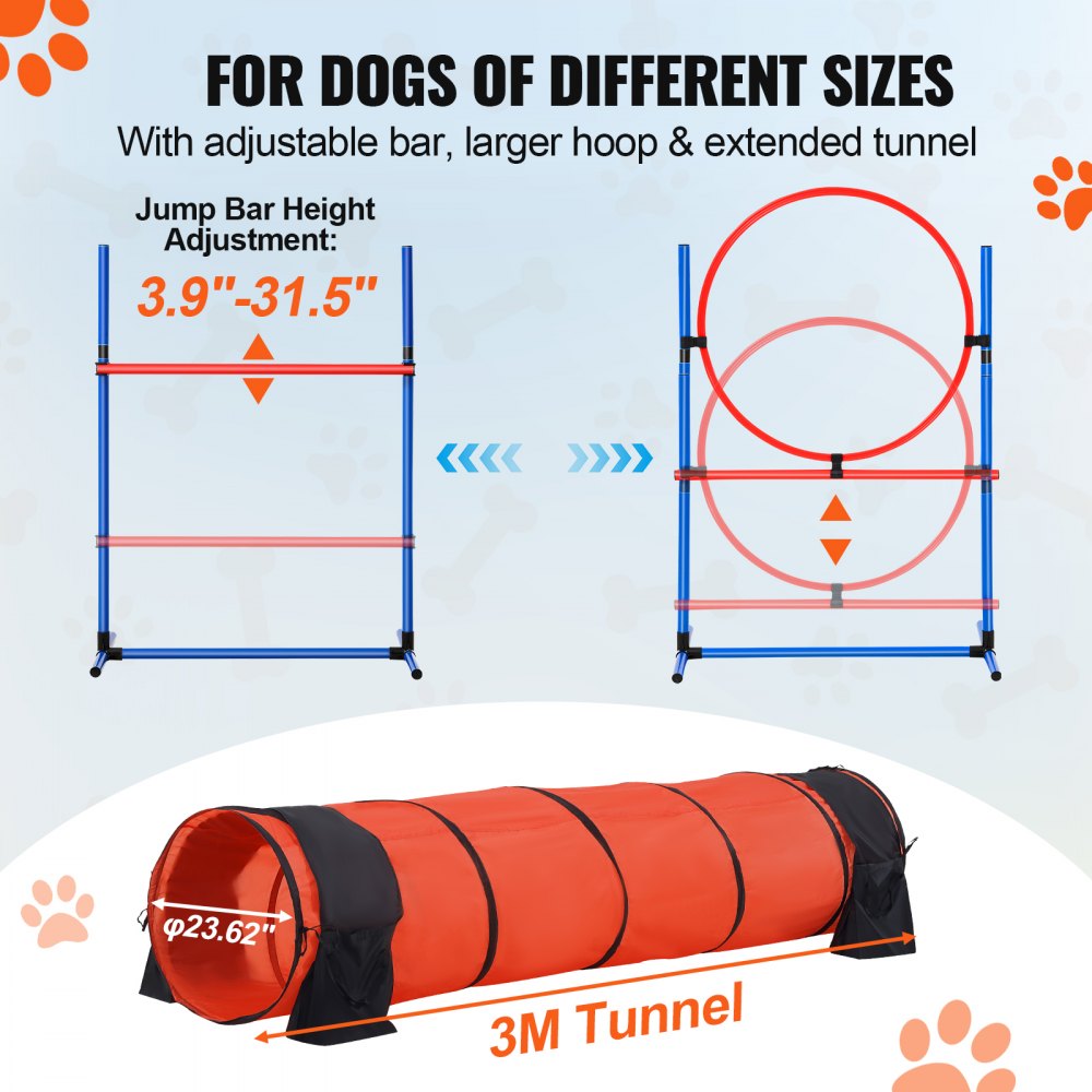 VEVOR Dog Agility Training Equipment, 5 PCS Set Upgrade with Adjustable High Hurdles,6 Weave Poles,Extended Tunnel,Jump Ring,Pause Box,Whistle,Foldable Bowl,Puppy Obstacle Course Kit with Storage Bag