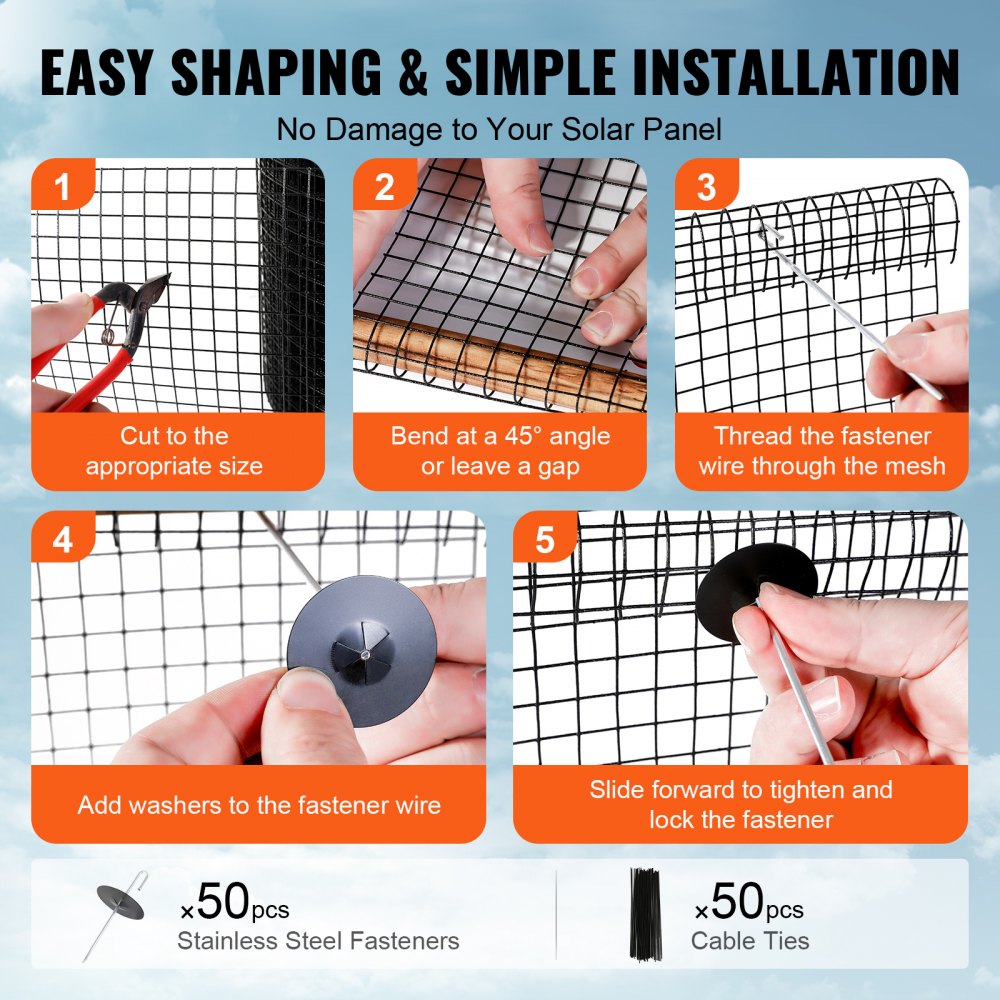 VEVOR 6 inch x 50ft Solar Panel Bird Guard, Critter Guard Roll Kit with 50pcs Aluminum Alloy Fasteners, Solar Panel Guard with Rust-proof PVC Coating, 1/2 inch Wire Roll Mesh