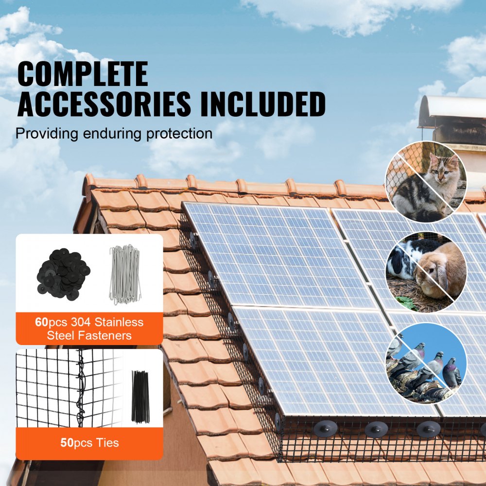 VEVOR 6 inch x 100ft Solar Panel Bird Guard, Critter Guard Roll Kit with 60pcs Aluminum Alloy Fasteners, Solar Panel Guard with Rust-proof PVC Coating, 1/2 inch Wire Roll Mesh