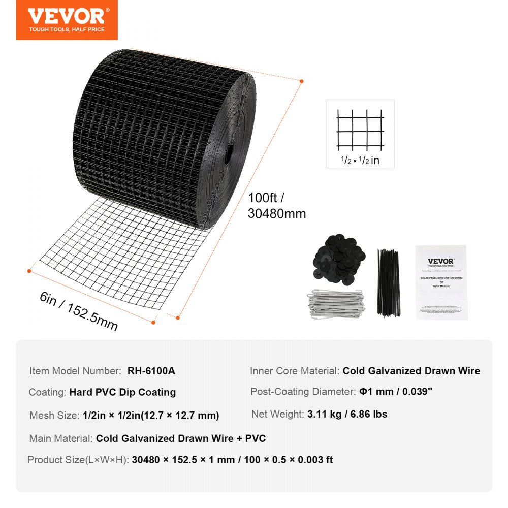 VEVOR 6 inch x 100ft Solar Panel Bird Guard, Critter Guard Roll Kit with 60pcs Aluminum Alloy Fasteners, Solar Panel Guard with Rust-proof PVC Coating, 1/2 inch Wire Roll Mesh