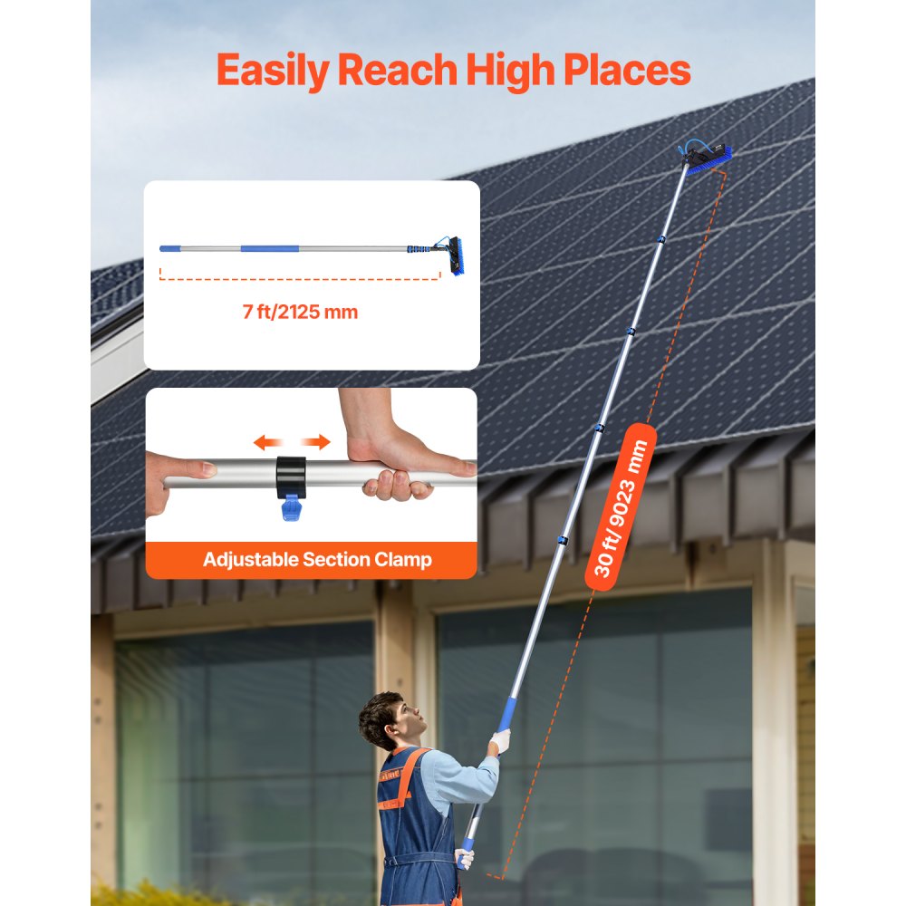 VEVOR Water Fed Pole Kit, 30FT Solar Panel Cleaning Pole with Extendable Handle, 180° Rotatable Brush Head & 65.6FT Hose, Household & Outdoor Window Cleaner Tool for Caravan Solar Panel Deck