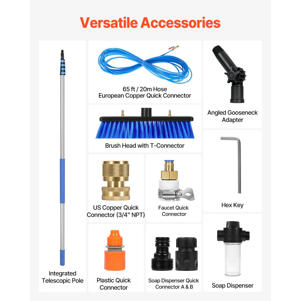 VEVOR Water Fed Pole Kit, 30FT Solar Panel Cleaning Pole with Extendable Handle, 180° Rotatable Brush Head & 65.6FT Hose, Household & Outdoor Window Cleaner Tool for Caravan Solar Panel Deck