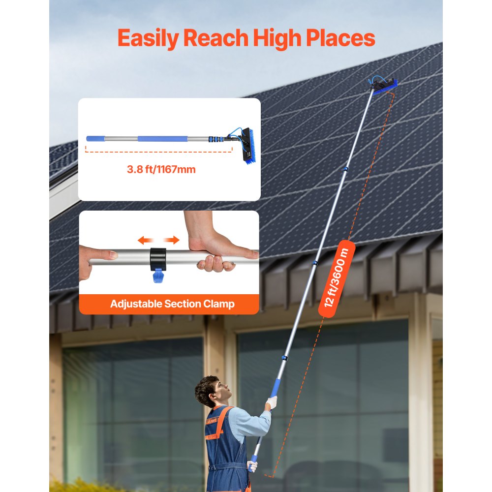 VEVOR Water Fed Pole Kit, 12FT Solar Panel Cleaning Pole with Extendable Handle, 180° Rotatable Brush Head & 65.6FT Hose, Household & Outdoor Window Cleaner Tool for Caravan Solar Panel Deck