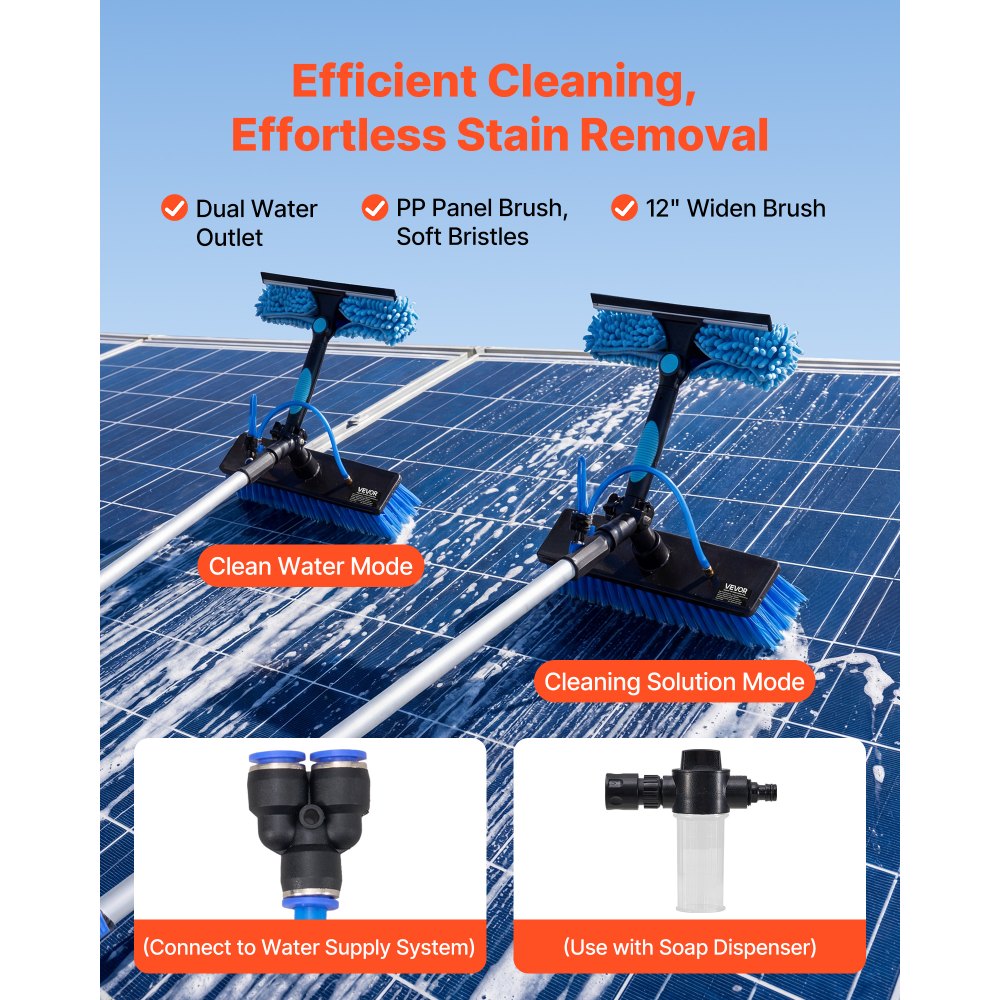VEVOR Solar Panel Cleaning Kit, 20 ft, Water Fed Pole Kit with Cleaning Brush, Soap Dispenser, Extendable Aluminum Telescopic Pole, 180° Rotatable Brush Head, for Roof Mounted Solar Panels, Windows
