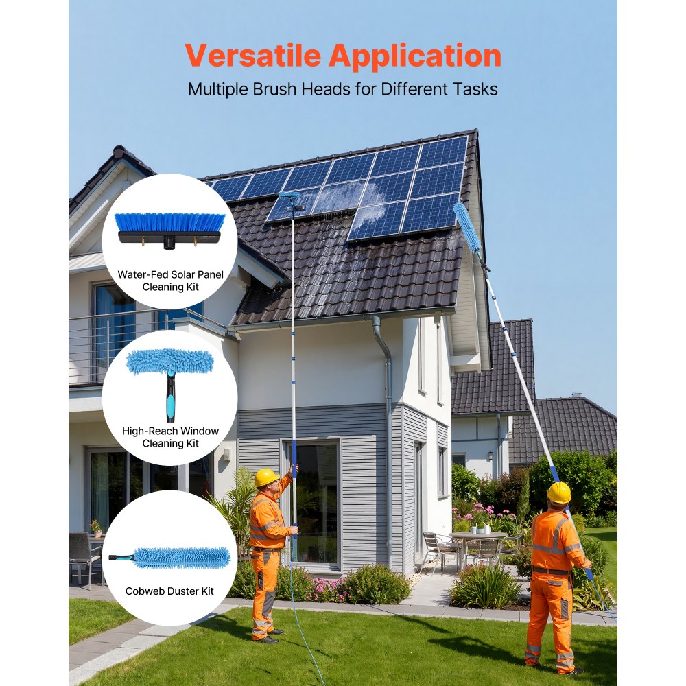 VEVOR Solar Panel Cleaning Kit, 20 ft, Water Fed Pole Kit with Cleaning Brush, Soap Dispenser, Extendable Aluminum Telescopic Pole, 180° Rotatable Brush Head, for Roof Mounted Solar Panels, Windows