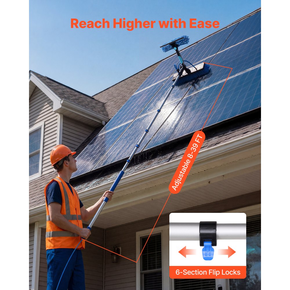 VEVOR Solar Panel Cleaning Kit, 39 ft, Water Fed Pole Kit with Cleaning Brush, Soap Dispenser, Extendable Aluminum Telescopic Pole, 180° Rotatable Brush Head, for Roof Mounted Solar Panels, Windows
