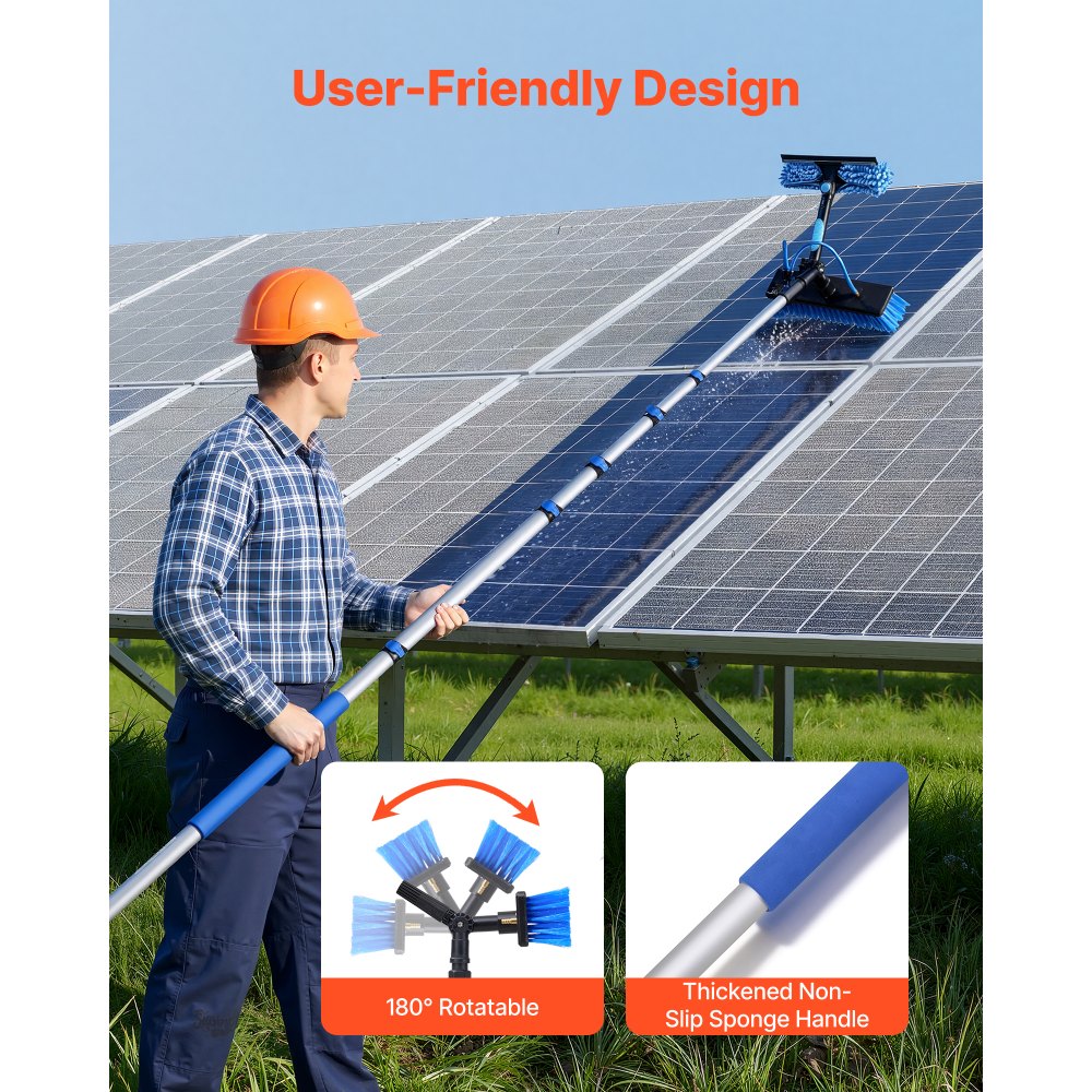 VEVOR Solar Panel Cleaning Kit, 39 ft, Water Fed Pole Kit with Cleaning Brush, Soap Dispenser, Extendable Aluminum Telescopic Pole, 180° Rotatable Brush Head, for Roof Mounted Solar Panels, Windows