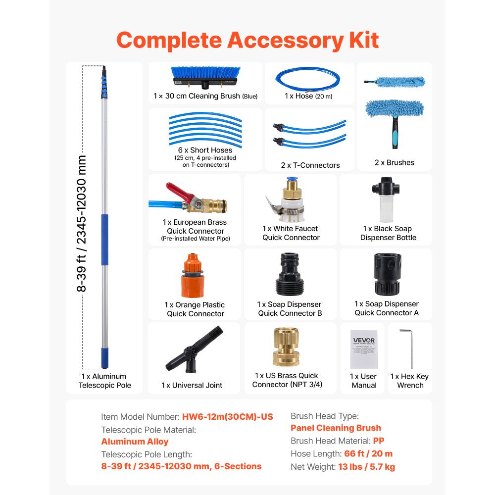 VEVOR Solar Panel Cleaning Kit, 39 ft, Water Fed Pole Kit with Cleaning Brush, Soap Dispenser, Extendable Aluminum Telescopic Pole, 180° Rotatable Brush Head, for Roof Mounted Solar Panels, Windows