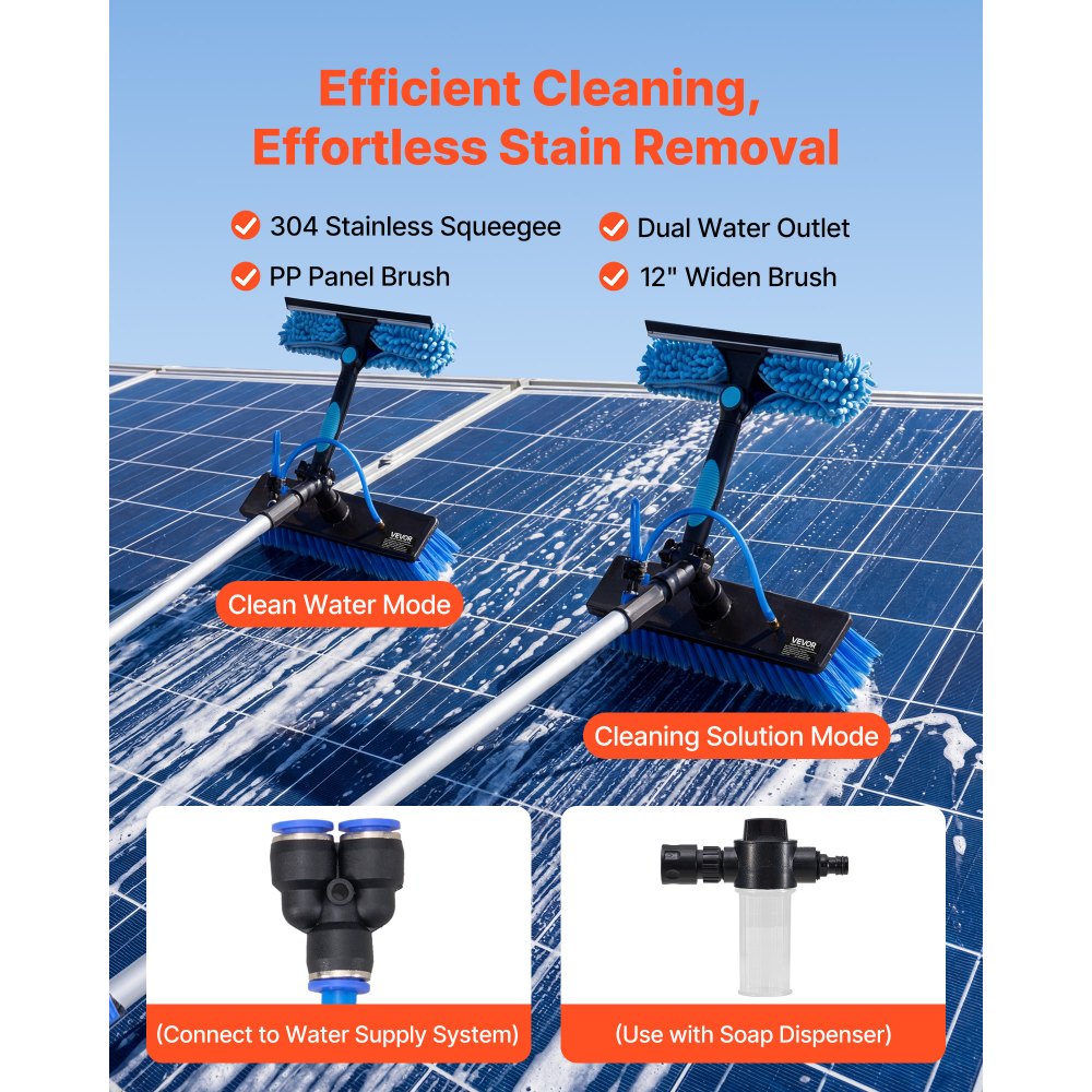 VEVOR Solar Panel Cleaning Kit, 24 ft, Water Fed Pole Kit with Cleaning Brush, Soap Dispenser, Extendable Aluminum Telescopic Pole, 180° Rotatable Brush Head, for Roof Mounted Solar Panels, Windows